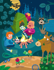 Animals, children with marshmallows by fire in forest. Hike in woods. Cute characters near tent. Scene for design. Vector illustration.
