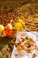 Naklejka na ściany i meble autumn still life. autumn picnic with flowers, little pumpkin, pear, cupcake