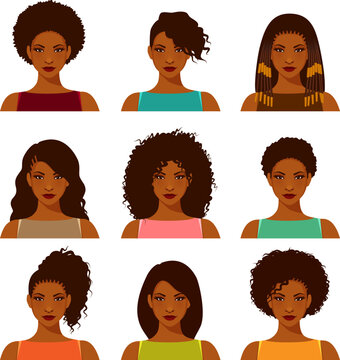beautiful African American woman with various hairstyles. Portrait of a young black woman with natural afro or straightened hair,