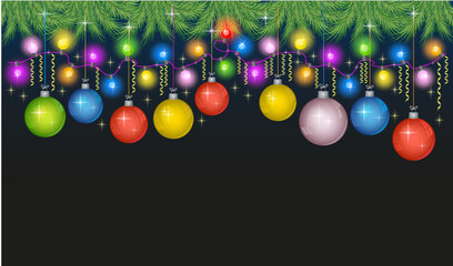 Christmas garland with a Christmas tree and balloons on a dark background. Vector illustration.
