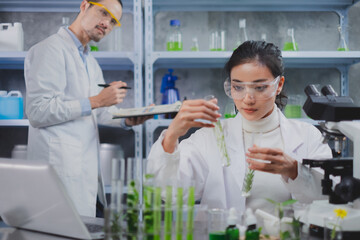 Female scientists is focusing and looking while holding a test tube with herb or plant inside. Concept of environmental biochemistry, biology laboratory, organic cosmatic and skin care product.