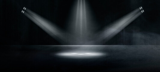 The dark stage shows, dark blue background, an empty dark scene, neon light, and spotlights The...