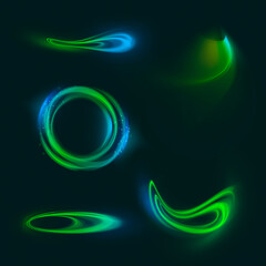 Blue and green colors. Design for device screen, wallpaper. Set of colourful neon lens and light flare transparent effects over dark blue background. Art, digital, creativity.