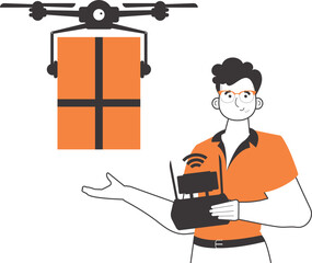 A man delivers a package by drone. Drone delivery concept. Linear modern style. Isolated on white background. Vector illustration.