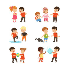 Brave Little Boy and Girl Standing Up Against Bullying and Warring Behavior Vector Set