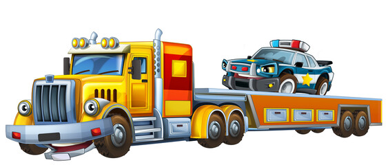 cartoon scene tow truck driving with load police car