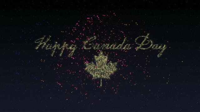 Happy Canada Day - Independence Day - Fireworks animation on Black background - Golden. Canadian Independence Day greetings message.