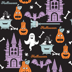 Seamless pattern with happy Halloween. Background. Vector, color illustration. Castle, ghosts, pumpkins.
