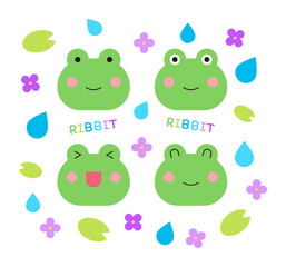 A set of cute frog character design illustrations for spring and summer season concepts. Pattern background of leaves, raindrops, rain and flowers combination.