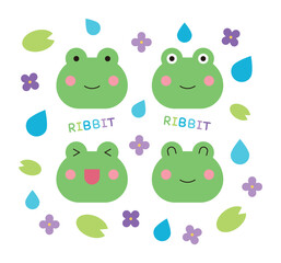 A set of cute frog character design illustrations for spring and summer season concepts. Pattern background of leaves, raindrops, rain and flowers combination.