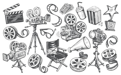 Cinema set in sketch style. Making movie, film screening, tv, video concept. Hand drawn vintage vector illustration