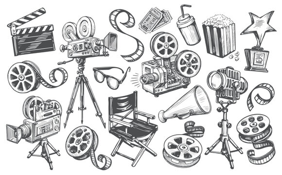 Cinema Set In Sketch Style. Making Movie, Film Screening, Tv, Video Concept. Hand Drawn Vintage Vector Illustration