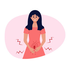 Sad woman holding her hands in the lower abdomen. Female character suffers from bladder disease, cystitis, urethritis, pain during menstruation, incontinence or other problems of the urethra.