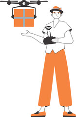 A man delivers a package by drone. The concept of cargo delivery by air. Linear trendy style. Isolated on white background. Vector illustration.