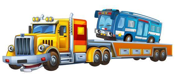 cartoon scene tow truck driving with load police car