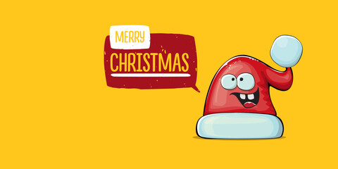 Vector cartoon Santa Claus red hat with smile face isolated on orange horizontal bannner background. Merry Christmas greeting banner with funny monster Santa Claus hat. Santa hat