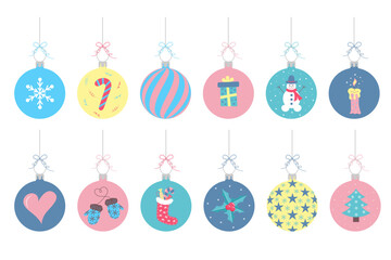 Christmas balls set. New Year baubles with different patterns.