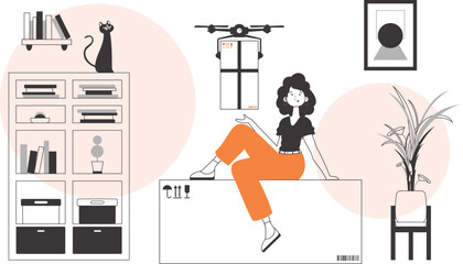 The girl sends a parcel with a drone. The concept of cargo delivery by air. Minimalistic linear style.
