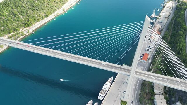 Franjo Tudman Bridge Cable-stayed bridge Dubrovnik Croatia drone high angle blue sea beneath