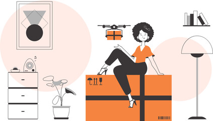 The girl sends a parcel with a drone. Drone delivery concept. Minimalistic linear style.