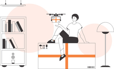 A man delivers a package by drone. Air delivery concept. Linear modern style.
