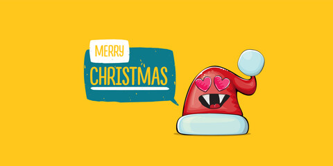 Vector cartoon Santa Claus red hat with smile face isolated on orange horizontal bannner background. Merry Christmas greeting banner with funny monster Santa Claus hat. Santa hat