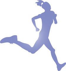 Fototapeta na wymiar Sport vector illustration of silhouette purple green beautiful woman running with pony tail hair, shadow of run girl with sport shoes