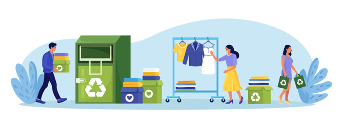 Fabric and textile recycling. People donating used clothes for recycle, create eco-friendly sustainable fashion. Man throwing clothing in donating container, buying new ones. Humanitarian aid, charity