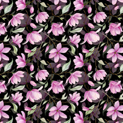 Seamless watercolor Magnolia pattern. Hand drawn floral print with pink flowers and green leaves on black background. Blossom branches. Illustration for textile design or wrapping paper
