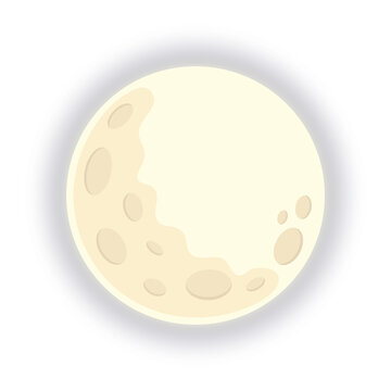 Full moon in beige or cream color with craters and shadow, with a glow effect. Icon, cartoon style