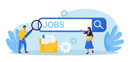 Employees looking for job. Unemployed people using magnifying glass searching vacancy on the search bar. Unemployment. Career, find opportunity, work position. Online recruitment service