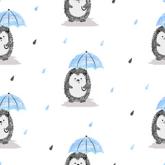 Cute hedgehog with umbrella seamless pattern. Nursery design, baby print. Vector rain illustration. © Afanasia