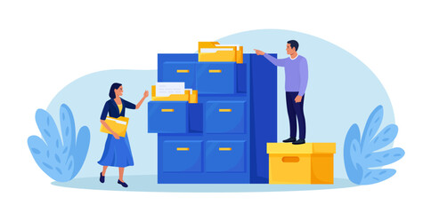 Document archiving and storage. Business people search files in archives. Support service, database. Men working with information, documents and statistics in analytical department. Folder in archive - obrazy, fototapety, plakaty