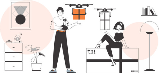 A man and a woman, the team delivers the package by drone. Air delivery concept. Linear modern style.