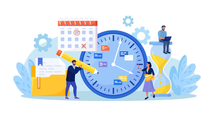 Effective time management. Business organization efficiency. Schedule job project team. Projects and deadlines. Clock, watch, agenda, schedule as productivity symbol. Work planning. Company strategy