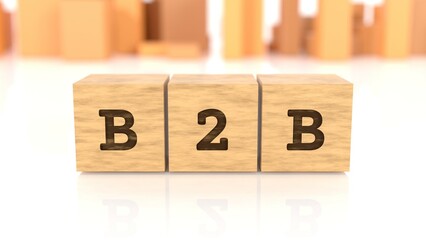 Word with the text B2B branded on wooden cubes reflected on the shiny surface. Business concept. In the back are wooden cuboids in many different shapes. (3D rendering)