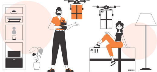 A man and a woman, the team delivers the package by drone. The concept of cargo delivery by air. Linear modern style.