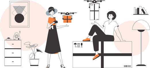 A man and a woman, the team delivers the package by drone. The concept of cargo delivery by air. Linear modern style.