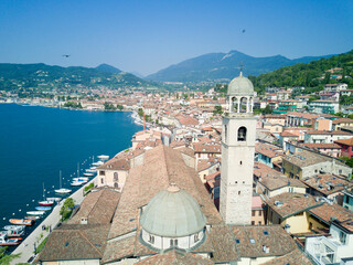 Aerial video shooting with drone on Salò, famous Lombardia city on the Garda Lake