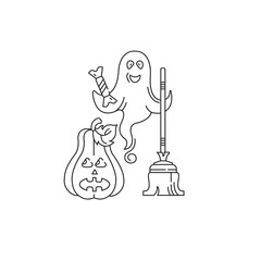 Halloween holiday vector linear icon. Ghost, pumpkin and broom. Card.
