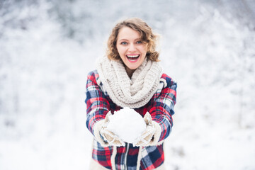 Exciting winter photoshoot ideas. Snowflakes are tiny crystals. Snow add unique charm. Winter outfit. Snow makes everything outdoors look amazing. Woman warm clothes snowy forest. Nature covered snow