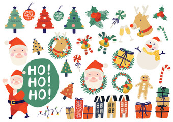 cute handraw christmas  elements design cute charactor santa and others elements 