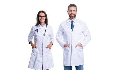 Fototapeta premium cheerful therapist doctor and nurse in studio. photo of therapist doctor and nurse wear white coat.