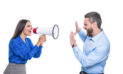 businesspeople shouting at business opponent isolated on white. studio shot of yell opponent.
