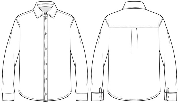 plain white formal shirt flat sketch vector illustration mens long sleeve office wear shirt front and back technical cad drawing template.
