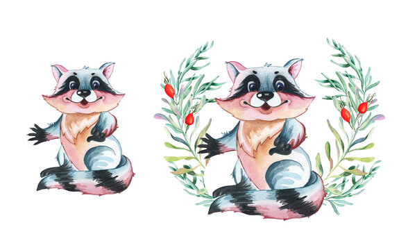 Watercolor cute Animal raccoon Looking Up Side Hand Drawn Portrait Illustration isolated on white background. Beautiful floral composition with watercolor cute raccoon and field flowers. 
