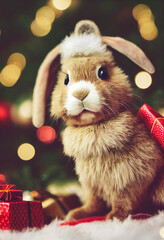cute little rabbit on the background of the christmas tree, bunny on the christmas background