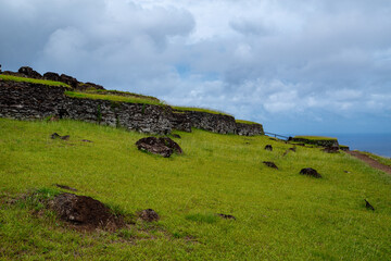 Ruins of Orongo village on Rapa Nui, Easter Island, Chile