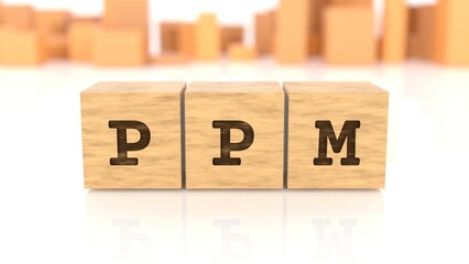 Word PPM branded on wooden cube blocks reflected on the white table. Business concept. In the back are wooden cuboids in various shapes. (3D rendering)