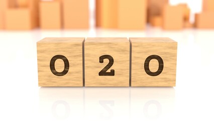 Word O2O branded on wooden cube blocks reflected on the white surface. Business concept. In the back are wooden cuboids in many different shapes. (3D rendering)